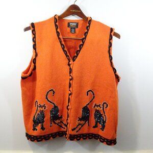 Studio Treat Sleeveless Vest Sweater Womens XL Orange Black Cat Halloween Sequin